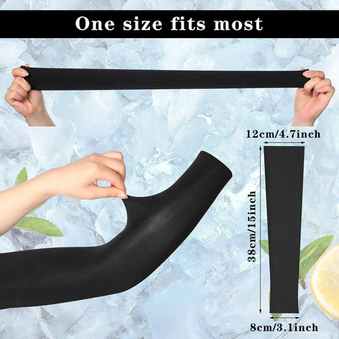 Two Pairs Compression Full Length Leg Sleeves And Two Pairs Sunscreen Arm Sleeves Set Black Showing Stretch and Measurements