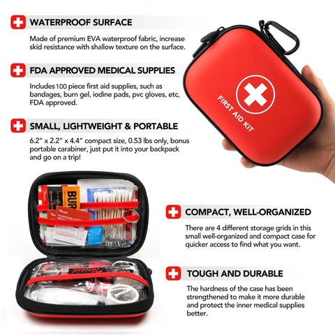 Travel Ready 100-Piece First Aid Kit In A Water-Resistant Hard Shell Case, perfect for home, office, car, and outdoor adventures, compact red case