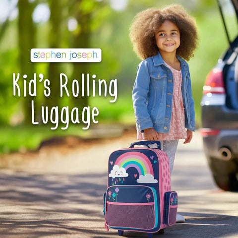 Girl smiling with Kids Rolling Luggage For Travel And Sleepovers With Durable Wheels Lightweight Carry On Suitcase.
