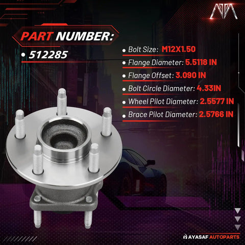 Rear Wheel Hub Bearing Assembly For Chevy Malibu 2004 To 2012 Cobalt 2008 To 2010 HHR 2008 To 2010 Classic 2004 To 2005 Pontiac G6 2005 To 2010 Saturn Aura 2007 To 2009 Five Lug One Piece Replacement Direct Fit shown with dimensions and part number 512285