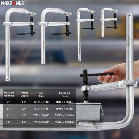 Light Duty F Clamp Set With 4In, 8In, 8In, And 12In Jaw Openings, displayed with dimensions, in use holding material