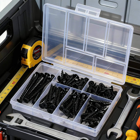 105 Piece Wood Screws Set With Black Oxide Finish And Phillips Drive, Six Sizes For Woodwork And Diy Projects in a box