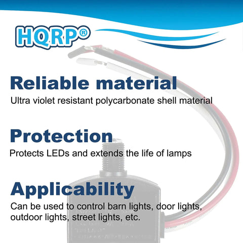 Photo showing the Two Pack Dusk To Dawn Photoelectric Sensor Switch with text highlighting its UV-resistant material and lamp protection.