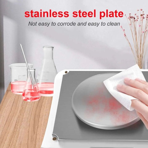Close-up of stainless steel plate being cleaned, part of Analytical Balance 100g x 0.001g Precision Lab Scale With RS232 LCD Display Windshield External Calibration Level Bubble Anti Slip Feet Fast Response Pro Grade For Chemistry Labs Schools And Research.