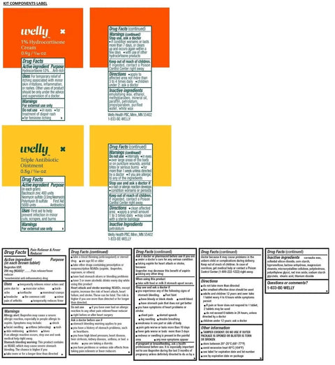 Everyday First Aid Kit With Flexible Fabric Bandages That Move With You Waterproof Tape Nonstick Pads Butterfly Strips Single Use Ointments Ibuprofen 130 Count Essentials Set For Home Office Car By Welly product labels showing drug facts and instructions.