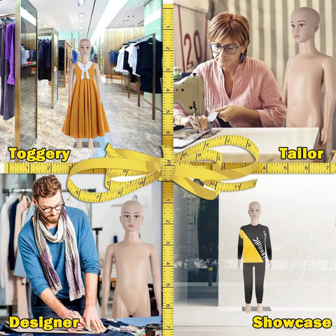 43.3 Inch Height Child Mannequin Full Body Realistic Adjustable Detachable Mannequin Display Head Turns Dress Form With Metal Base Gender Neutral For Fashion Retail Photo Shoots in various settings for display and tailoring.