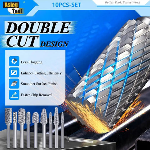 Ten Piece Pro Grade Tungsten Carbide Burrs Set With One Quarter Inch Shank For Die Grinder Double Cut Rotary File Bits For Metal And Wood