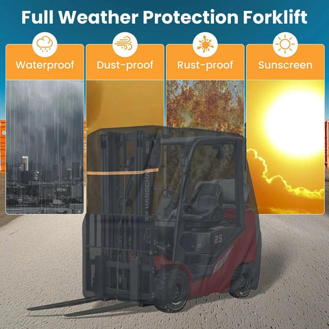 All Season Forklift Cab Cover 3000-5000 Lb Waterproof 420D UV-Proof 102x45x82 In, showing weather protection features.
