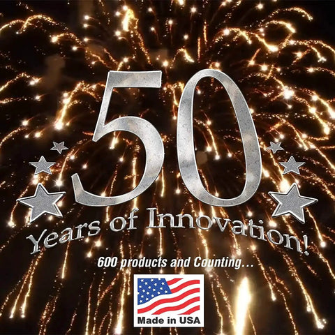 50 Years of Innovation celebration with fireworks background, 600 products and counting, Made in USA badge at bottom