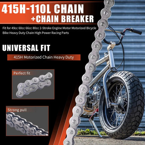 Heavy Duty 415H 110L Chain With Chain Breaker Kit For 49cc To 80cc 2 Stroke Motorized Bicycles And Small Dirt Bikes Universal Fit
