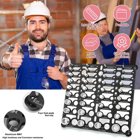 Worker holding Bolt Thread Checker Gauge Kit Identifies 36 Thread Sizes Including 20 Imperial And 16 Metric From M3 X 0.5 To M16 X 2.0.