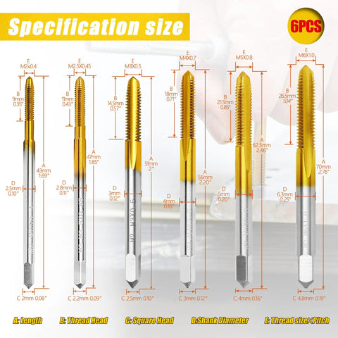Six Piece Metric Tap Set With Wrench Pro Grade Quality For Metal Aluminum Plastic Wood Includes M2x0.4 M2.5x0.45 M3x0.5 M4x0.7 M5x0.8 M6x1.0 HSS Titanium Plated For Tough Durability In A Handy Storage Box with specifications shown