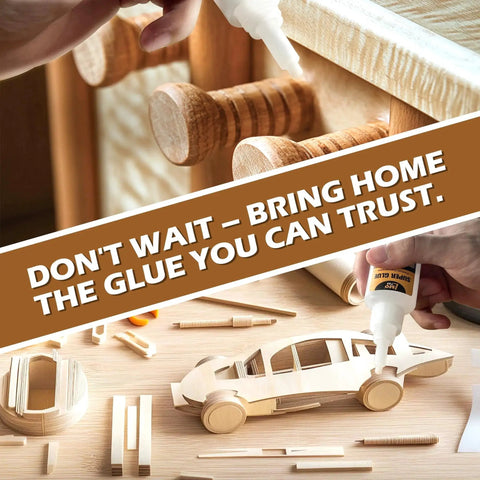 Applying Fast Dry Wood Glue and Instant CA Adhesive for Wood Repair and Crafts to wooden model parts on a table.