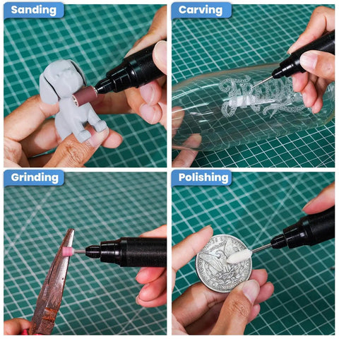 Mini Cordless Rotary Tool Kit With 35 Accessories And Brushless Motor in action, sanding, carving, grinding, and polishing.