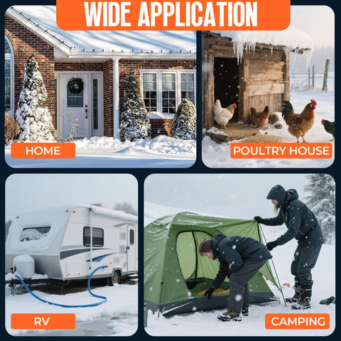 Scilulu 30ft heated water hose for RV; four-panel collage shows home, poultry house, RV, and camping use