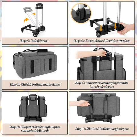 Assembly steps for rolling scrapbook tote on wheels with detachable trolley, showing handle and base setup, gray storage bag.