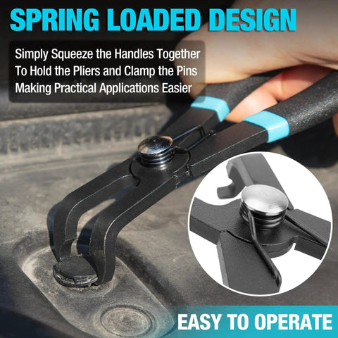 2 Piece Push Pin Pliers Set With Spring Loaded Jaws And 30 Degree And 80 Degree Offset Angles clamping a fastener.