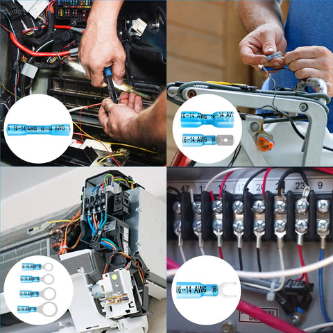 Kuject 320PCS Heat Shrink Wire Connector Kit with blue insulated terminals for 16-14 AWG automotive and marine wiring
