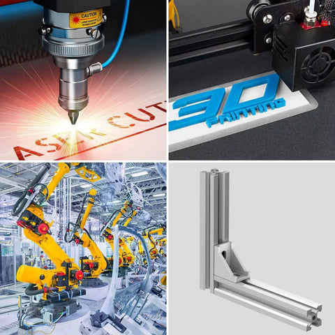 Collage of CNC laser cutting, 3D printing, robotics assembly line, and CNC aluminum frame with 50 Piece Aluminum Profile Connector Kit