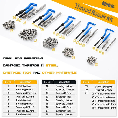 All In One Helicoil Thread Repair Kit, Metric 131 Piece Set with HSS Drill Bits, Thread Inserts, Taps, Installation and Breakoff Tools