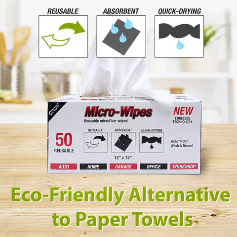 Edgeless 200 GSM Microfiber Cloths 12x12 Inches Reusable 50 Pack With Dispenser box on kitchen counter