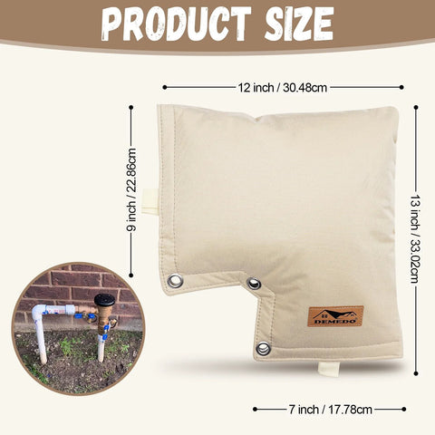Backflow preventer cover, beige insulated pouch for winter irrigation backflow valve with metal grommet openings.
