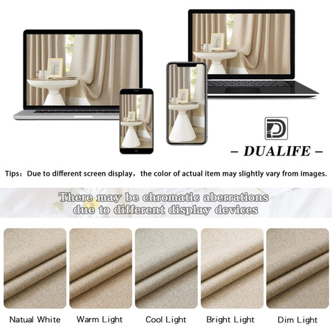 Different lighting on Linen Blackout Curtains 132 Inch Long For Ceiling Track System With Back Tab And Rod Pocket Burlap Color