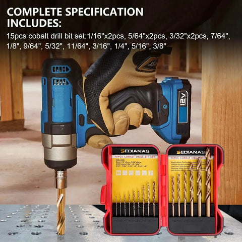 Cobalt Drill Bit Set For Metal And Wood, 15 Piece M35 HSS Twist Drill Bits With Straight Shank, Ideal For Hardened Steel