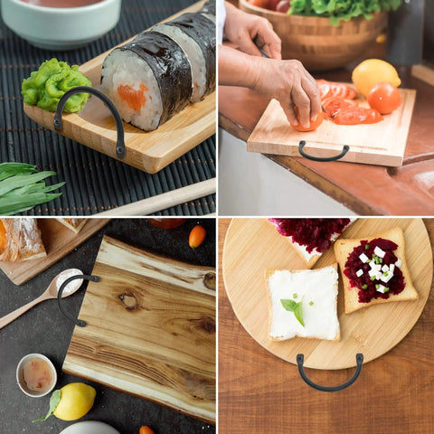 Metal Rustic Curved Tray Handles Pack of 4 for serving trays and boards, shown installed on wooden cutting boards and charcuterie trays.