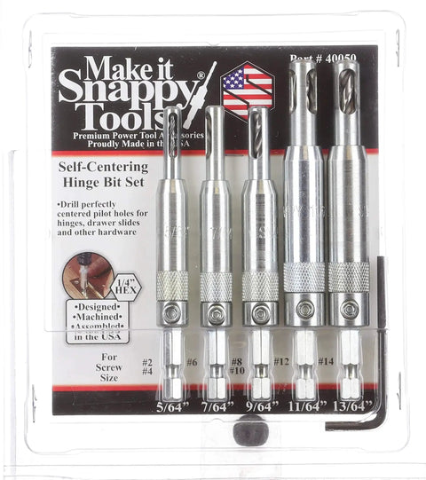 Five Piece Self Centering Hinge High Speed Steel Drill Bit Set For Cabinets DIY Ready With Bit Sizes Five Sixty Fourths Through Thirteen Sixty Fourths Inch Plus One Eighth Inch Hex Key Made In USA Snappy in package