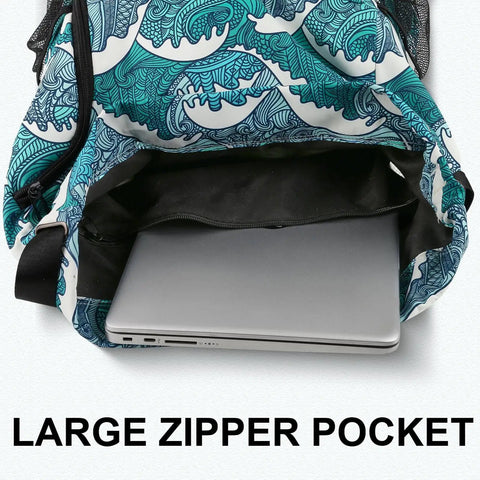 Drawstring Gym And Beach Backpack With Mesh Pockets, Water Resistant, showing large zippered pocket with laptop inside, Blue Waves design