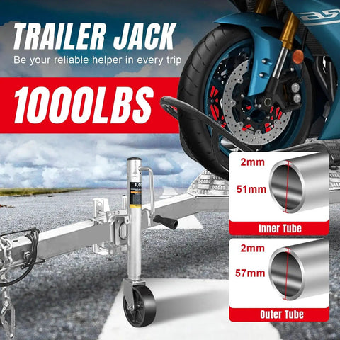 Heavy Duty Bolt On Trailer Tongue Jack With Wheel 1000 Lbs 10 Inch Lift For RV shown attached to trailer with wheel close-up.
