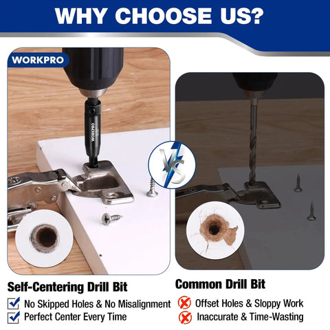 Comparison of Self Centering Drill Bit Set For Precise Cabinet And Door Installations with HSS VIX Bits and common bit, showing aligned hole.