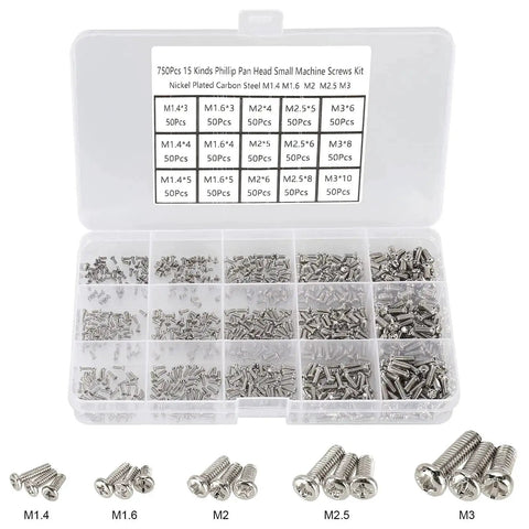 Massive 750 Piece Small Machine Screw Set M1.4 M1.6 M2 M2.5 M3 Phillips Pan Head Tiny Screws For Watch, Toy, And Electronics Repair Nickel Plated Carbon Steel Kit With 15 Sizes, 50 Pieces Each In Storage Bag, showing screws organized in a storage box.