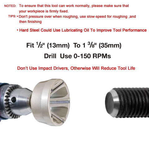 External Deburring Chamfer Tool With Tungsten Blade attached to drill for burr removal on bolt, fits 0.5 to 1.375 inches