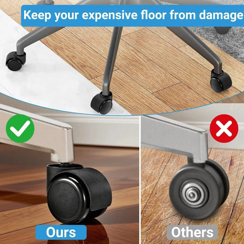 Diagram comparing 2 Inch Office Chair Casters Wheels Set Of 5 Heavy Duty Quiet Rubber Wheels For All Floor Surfaces with standard wheels