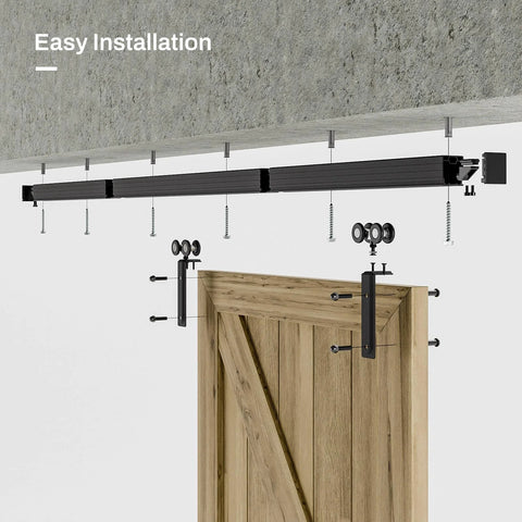 Ceiling Mount Box Rail Barn Door Hardware Kit for Double Doors, aluminum sliding track, 120 in, showing easy installation.