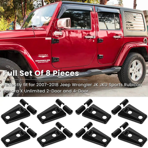 Door Hinge Trim Kit for Wrangler JK JKU 2007-2018 Black 8 Piece installed on red Wrangler