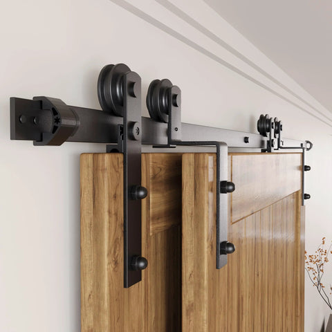 Rustic Black Single Track Bypass Sliding Barn Door Hardware Kit For Double Doors 18 Foot Flat Track With Straight Rollers Easy Install
