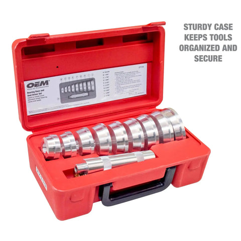 Bearing Race And Seal Driver Set With Nine Sizes Range From 1.565 To 3.180 Inches in red portable storage case