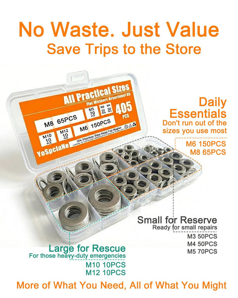 Washer set: 405-piece metric flat washers in a clear case, stainless steel 304, sizes M3–M12 (includes M6 and M8).