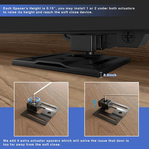 Close-up of 2 Piece Barn Door Soft Close Mechanism Set With Upgraded Universal Weight Compatibility Supports Doors Up To 160 Lbs, showing spacer details for adjustment.