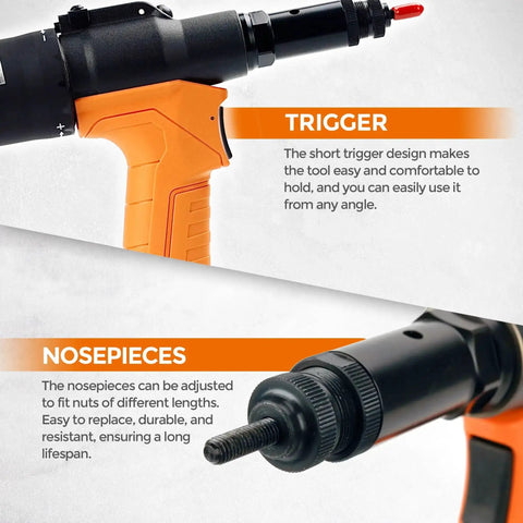 Heavy Duty Air Hydraulic Rivet Nut Tool With Reversible Button, Pro Grade Pneumatic Riveter And Auto Rivet Nut Gun Kit focus on trigger and nose pieces