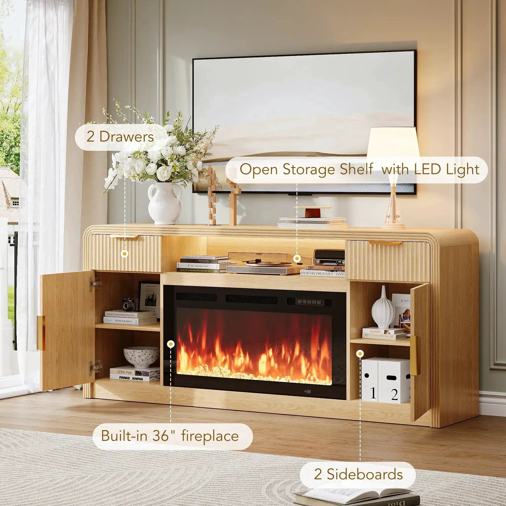 70 Inch Fireplace TV Stand With Wavy Fluted Doors 🍁 &n