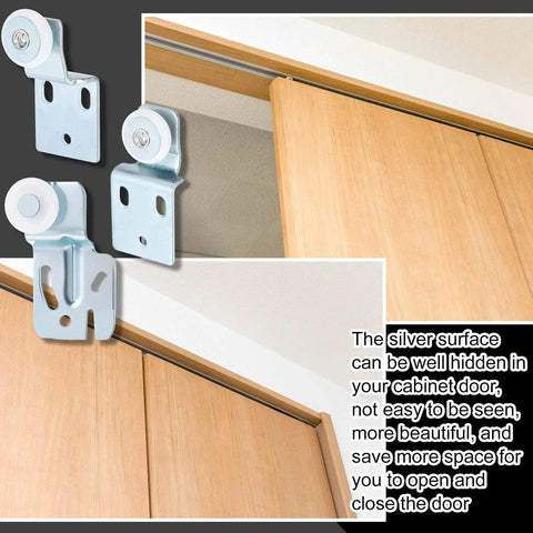 12 Piece Sliding Closet Door Roller Kit For Top Hung Bypass Wardrobe Doors With Three Quarter Inch Wheels In Two Offsets One Half Inch And Three Eighths Inch And Seven Eighths Inch Nylon Wheels With One Half Inch Offset shown installed in wood closet