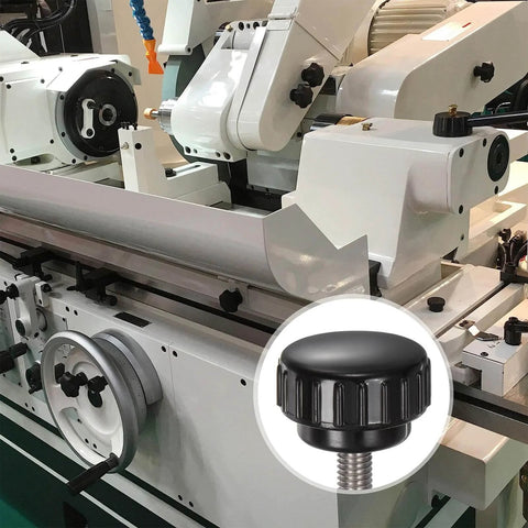 4 Pcs Knurled Clamping Knobs M6 X 16mm, 304 Stainless Steel Thumb Screws On Type With 25mm Plastic Round Head, Black Finish, shown on machinery.