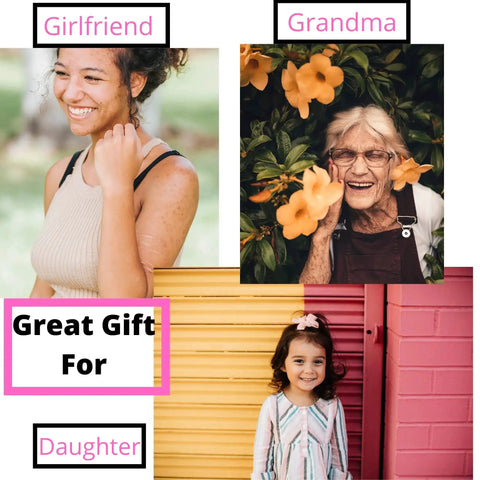 Collage showing women labeled 'Girlfriend' and 'Grandma', and a girl labeled 'Daughter' as great gift recipients