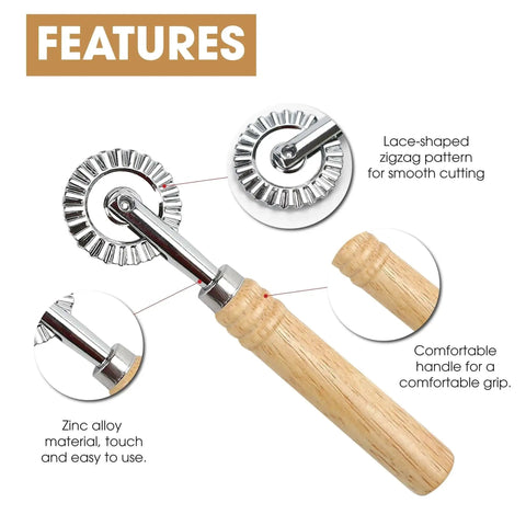2 Piece Zinc Alloy Crinkle Cutter Set With Long Wooden Handle For Pizza Wheel And Ravioli Press, shown with detailed features and oak handle.