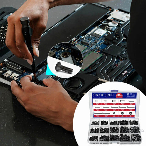 Person using 440 Piece Metric Hex Socket Head Cap Screws And Nuts Kit In Alloy Steel 10.9 Black Finish for electronic repair