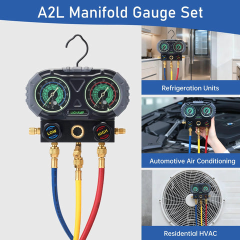 Lichamp A2L manifold gauge set with ball valve and three hoses; 60-inch length, 1/4 in LH R1234YF/R454B adapter, 3-pack.